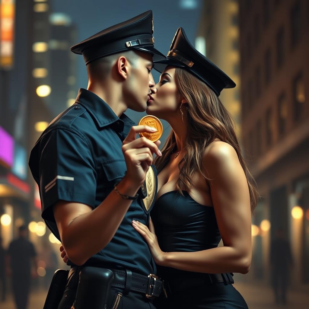 A passionate scene depicting a policewoman in a form-fitting uniform with a plunging neckline kissing a police officer