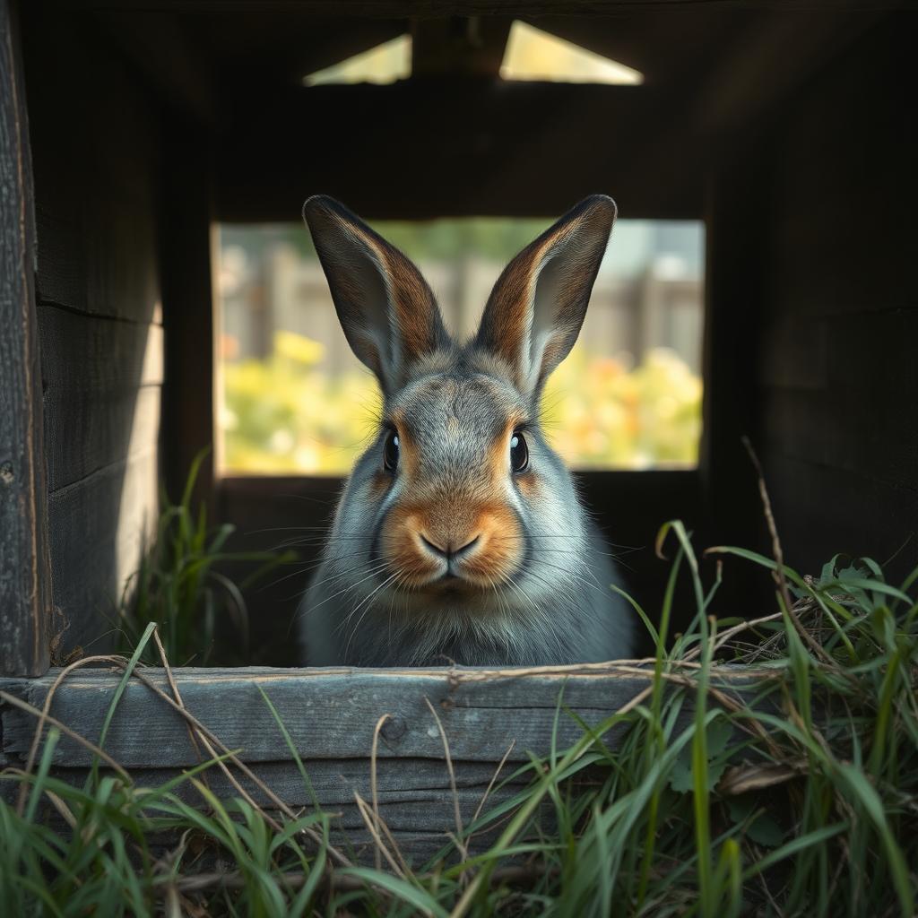 A sad neglected rabbit sitting in a small, dark hutch