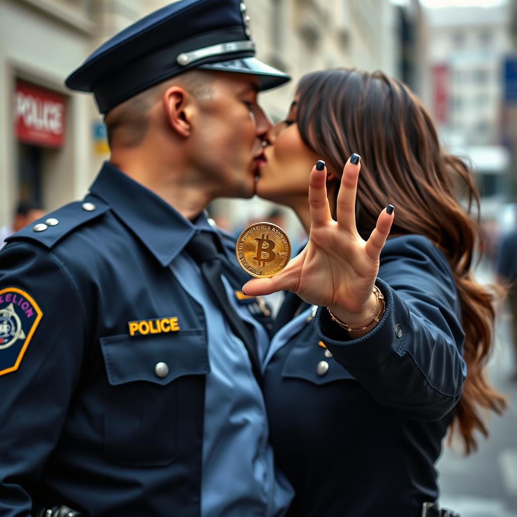 A realistic image of a female police officer wearing a low-cut uniform blouse passionately kissing a male police officer