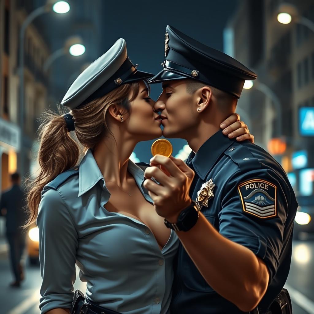 A very realistic scene of a female police officer, dressed in uniform with a revealing neckline, passionately kissing a male police officer