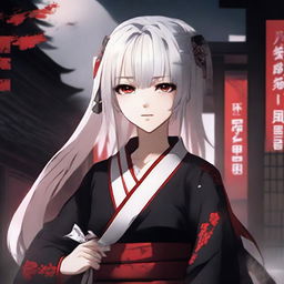 Anime-styled girl with white hair and bright red eyes, attired in traditional Japanese red and black clothes, set in a dark and tense atmosphere.