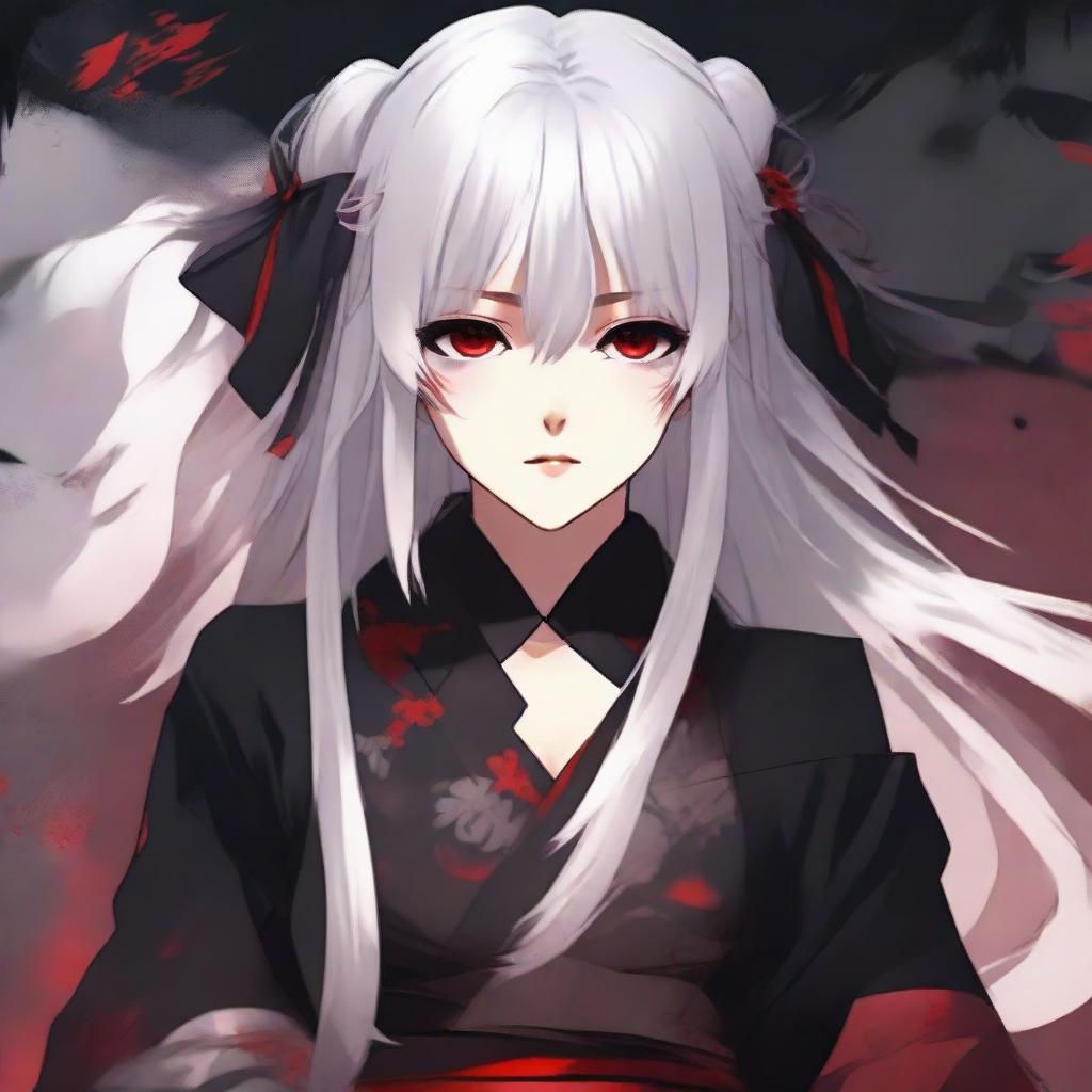 Anime-styled girl with white hair and bright red eyes, attired in traditional Japanese red and black clothes, set in a dark and tense atmosphere.