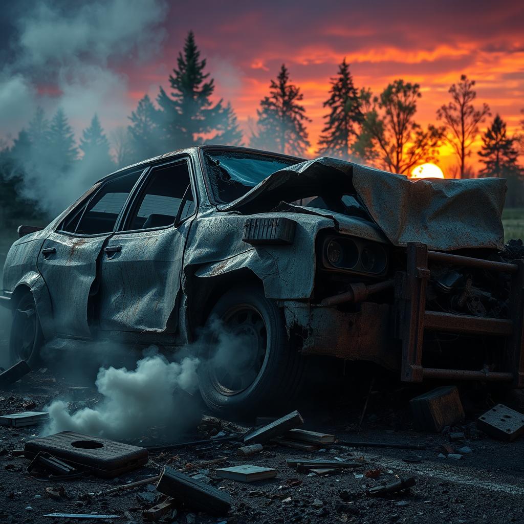 A detailed depiction of a wrecked car, showcasing extensive damage with crumpled metal, shattered windows, and debris scattered around