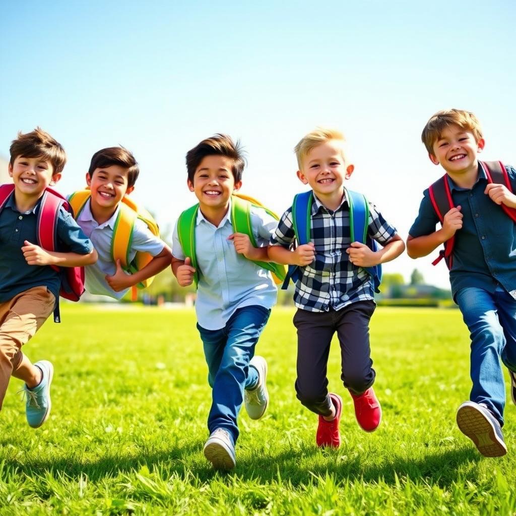 Five handsome and attractive schoolboys running joyfully with backpacks, shown from the waist up
