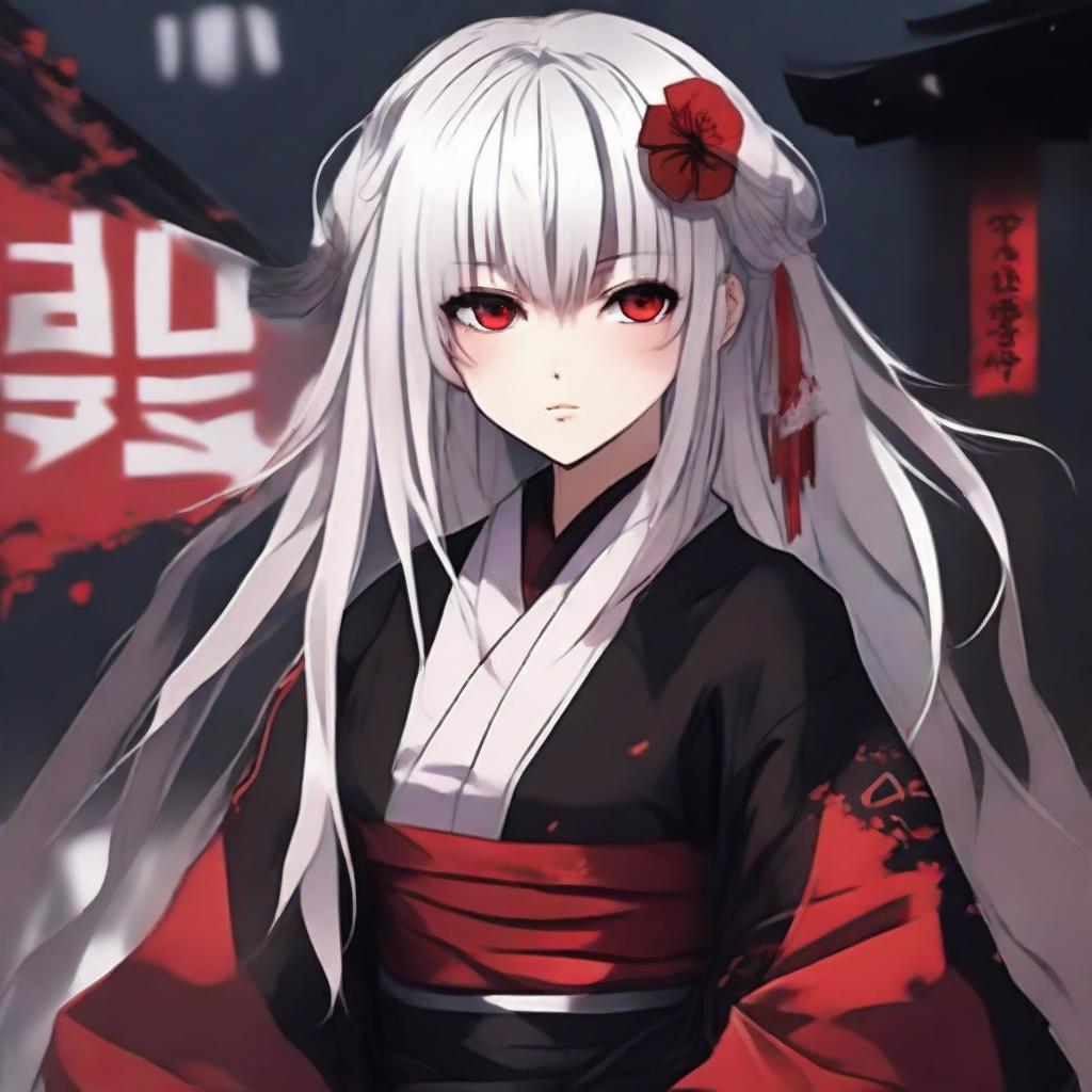 Anime-styled girl with white hair and bright red eyes, attired in traditional Japanese red and black clothes, set in a dark and tense atmosphere.