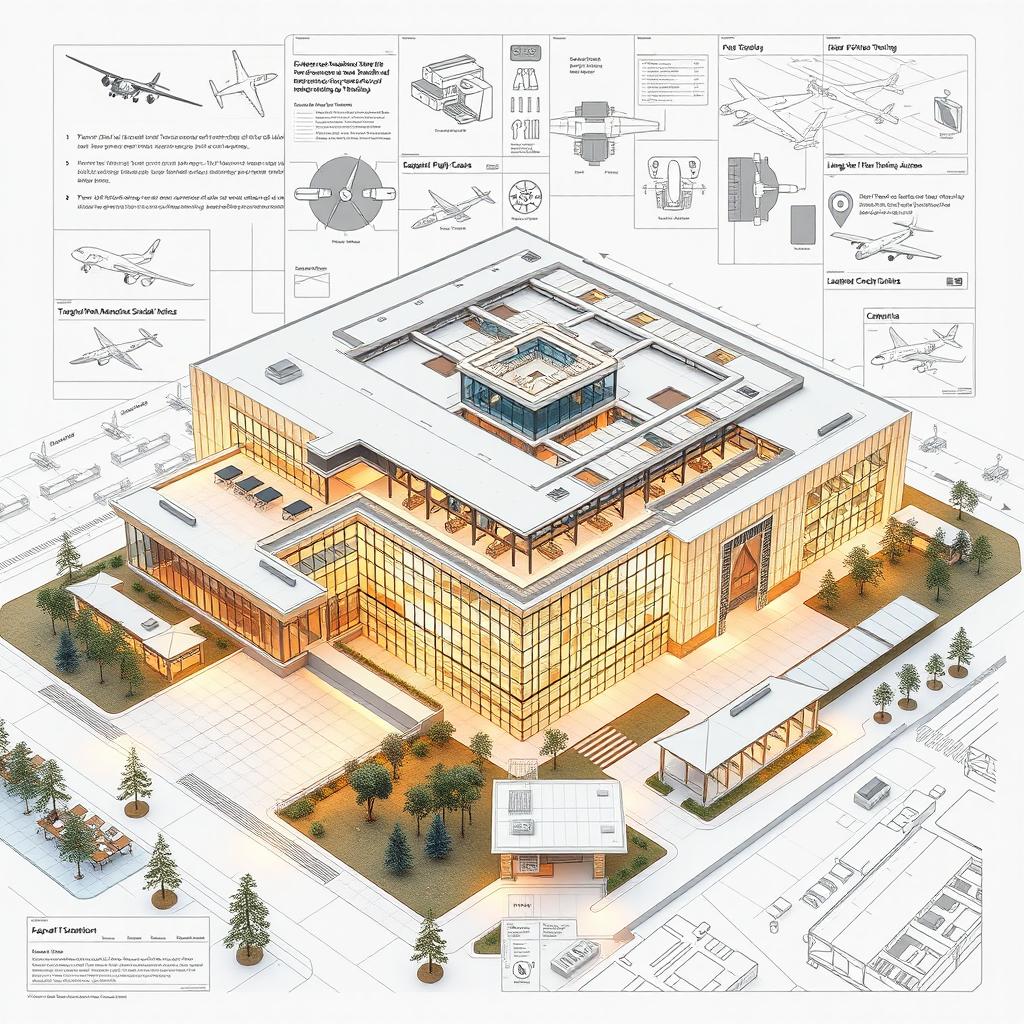 A highly detailed architectural engineering plan for a state-of-the-art aviation training center, featuring: multi-story classrooms equipped with advanced technology, simulators for pilot training, hanging and open spaces with modern design aesthetics, a large indoor flight training area, aircraft maintenance facilities, dedicated spaces for air traffic control simulations, conference rooms, and a cafeteria
