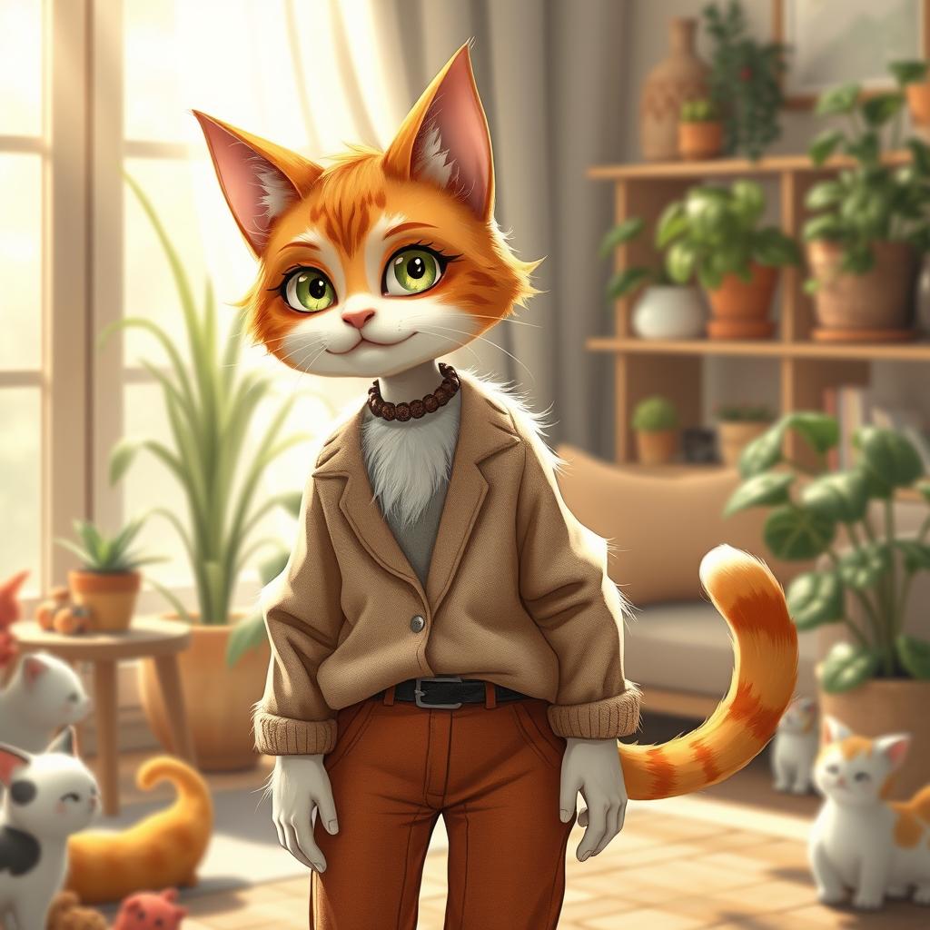 A whimsical and fantastical scene depicting a cat transformed into a human