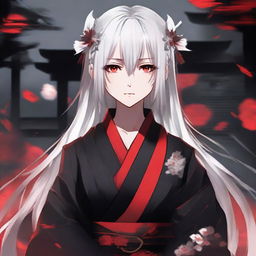 Anime-styled girl with white hair and bright red eyes, attired in traditional Japanese red and black clothes, set in a dark and tense atmosphere.