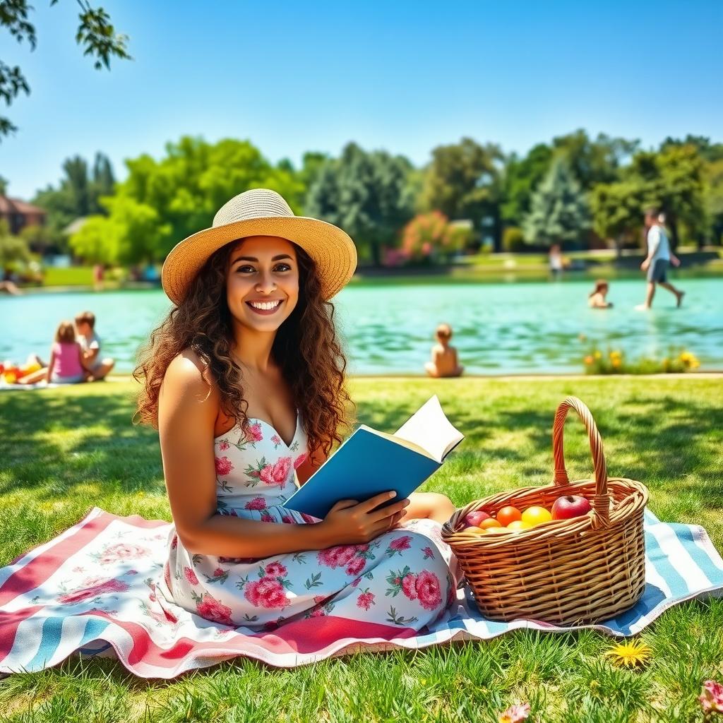 A lively outdoor scene featuring a bright sunny day in a park