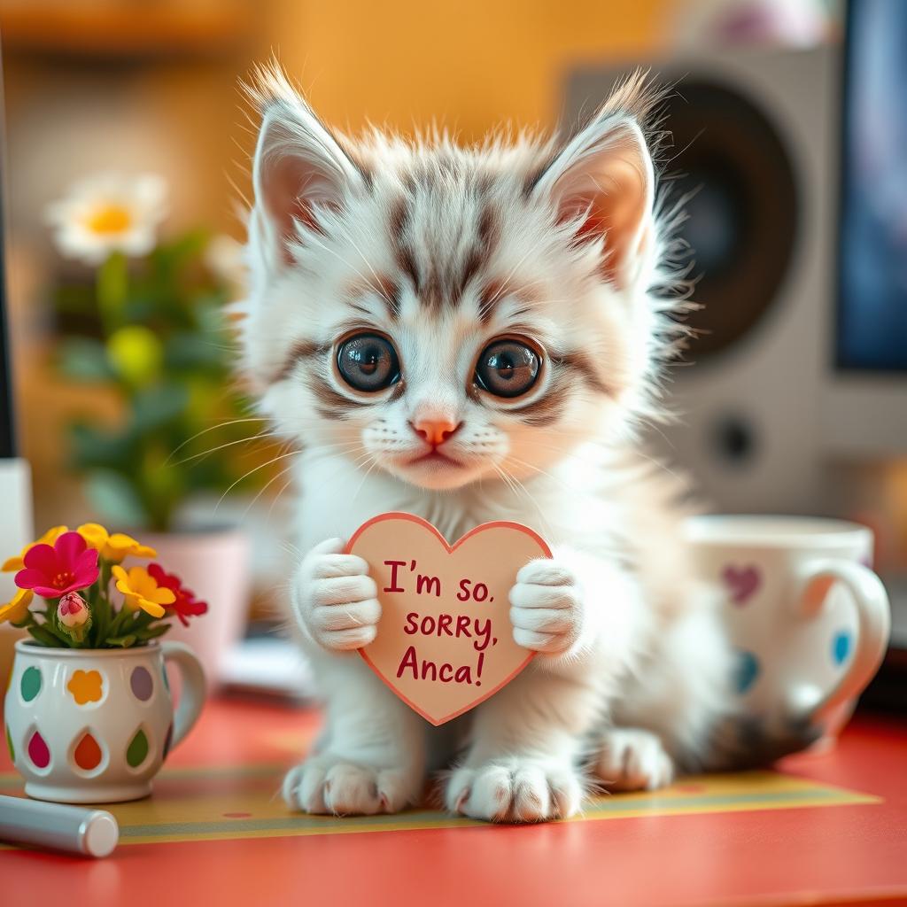 An ultra-cute, fluffy kitten with oversized sparkling eyes and a tiny pink nose, sitting adorably on a colorful desk, holding a small heart-shaped card that reads 'I'm so sorry, Anca!' The kitten is predominantly white with soft, light gray patches, and it has a playful, innocent expression that melts hearts