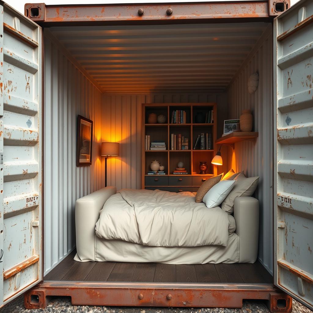 A spacious shipping container opened from the side, revealing a cozy interior that features a large, inviting sofa, a comfortable bed made up with soft linens, a stylish cupboard filled with books and decorative items, and a warm light lamp providing gentle illumination