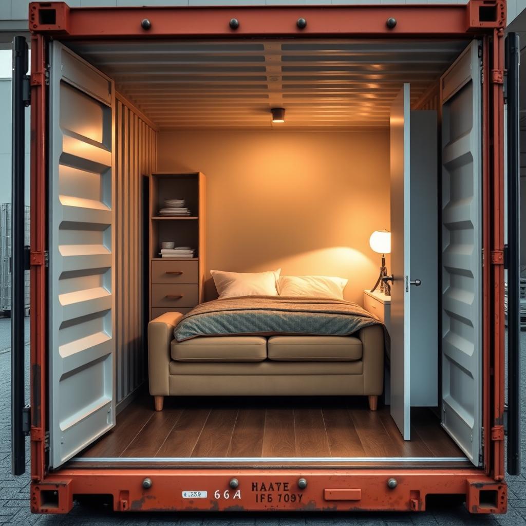 A shipping container opened from the opposite side, revealing a well-furnished interior ready for shipping