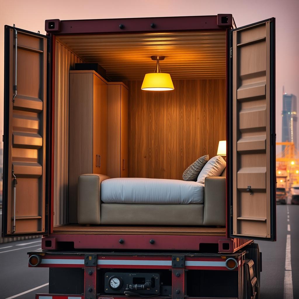 A shipping container opened from the right side, revealing a comfortable interior featuring a large, plush sofa and a neatly made bed, along with a stylish cupboard and a bright light lamp, all organized and ready for shipment