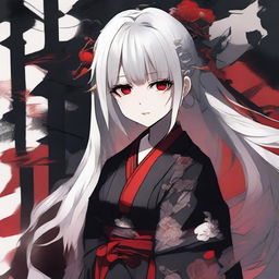 Anime-styled girl with white hair and bright red eyes, attired in traditional Japanese red and black clothes, set in a dark and tense atmosphere.