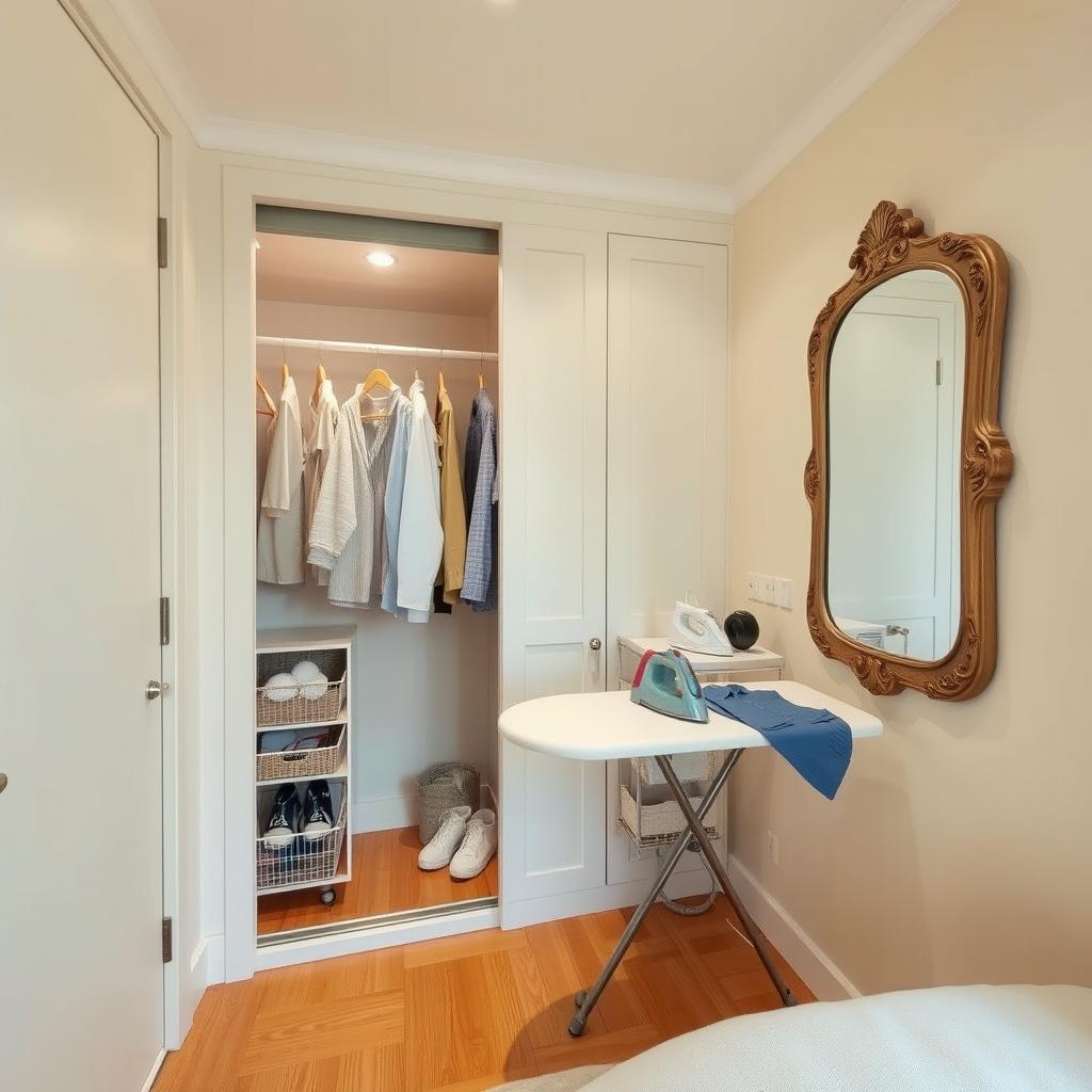 A cozy and well-organized room designed for clothes maintenance, featuring a spacious closet for storage, an ironing space equipped with an ironing board, and a large mirror reflecting the gentle light in the room