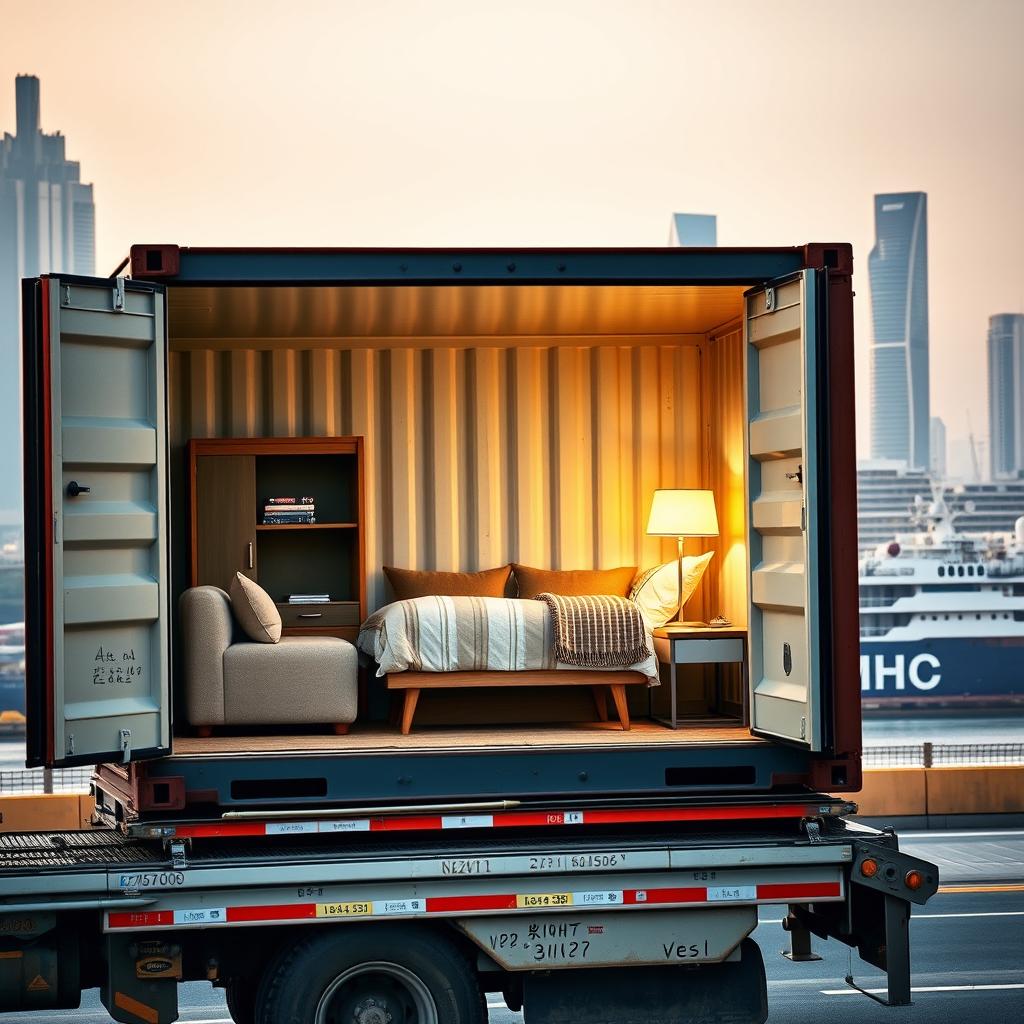 A shipping container with its side panel open, showcasing an inviting interior that includes a spacious, plush sofa, a comfortable bed, a stylish cupboard, and a bright light lamp, all arranged for easy transport