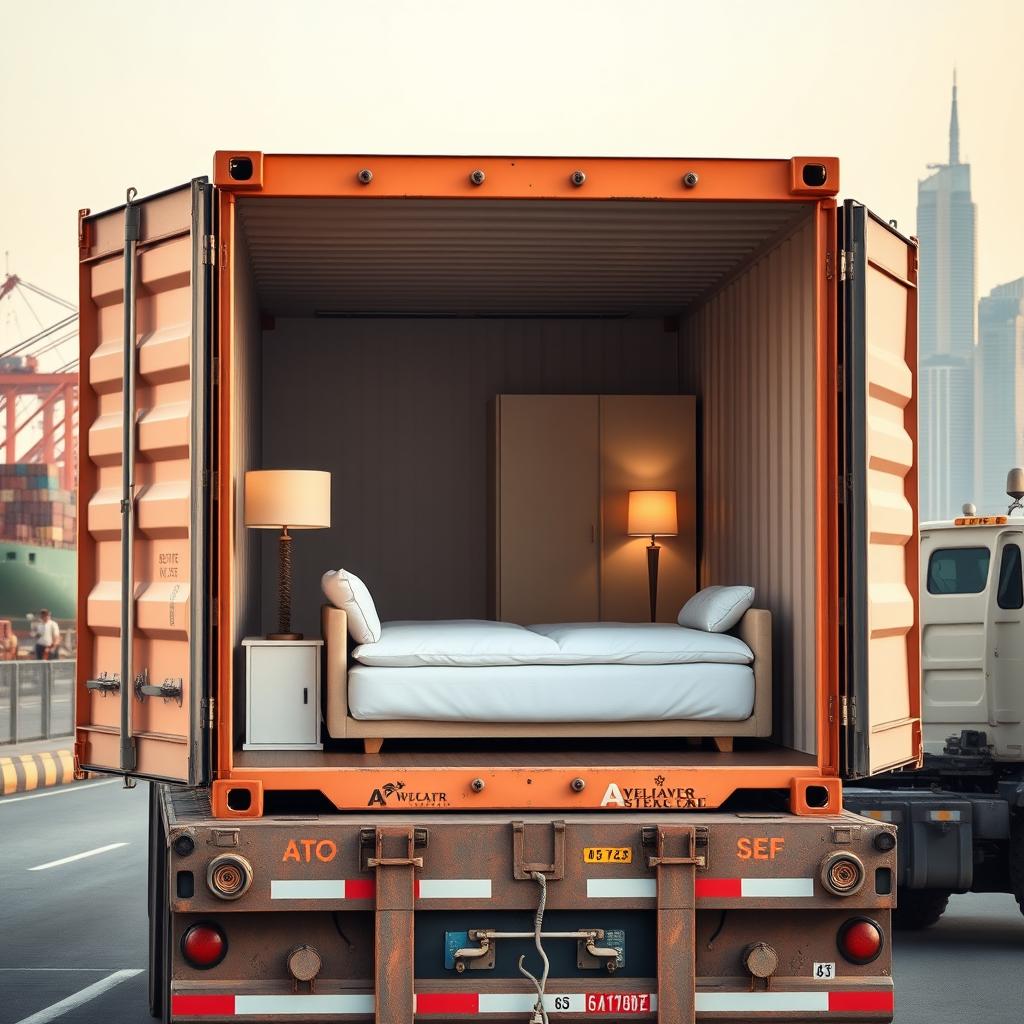A long shipping container with its side panel opened, showcasing an inviting interior filled with a large, comfortable sofa, a neatly made bed, a stylish cupboard, and a bright light lamp, all arranged perfectly for transport