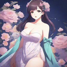 This is a high-definition digital art image showcasing a voluptuous 20-year-old anime girl in an elegant nightdress