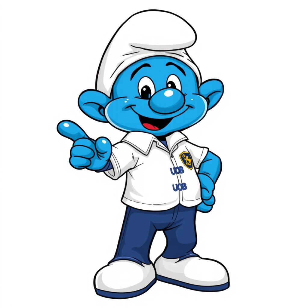 A Smurf character wearing a security uniform, featuring a white upper shirt and dark blue pants