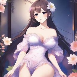 This is a high-definition digital art image showcasing a voluptuous 20-year-old anime girl in an elegant nightdress