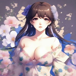 This is a high-definition digital art image showcasing a voluptuous 20-year-old anime girl in an elegant nightdress