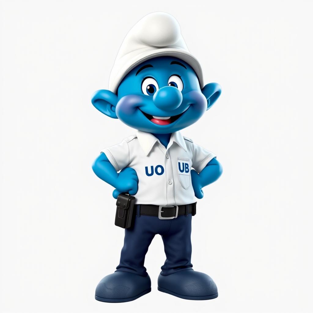 A charming Smurf character wearing a security uniform, consisting of a crisp white upper shirt and dark blue pants