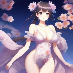 This is a high-definition digital art image showcasing a voluptuous 20-year-old anime girl in an elegant nightdress