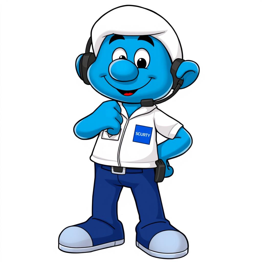 A cartoonish Smurf character wearing a security uniform, featuring a top that is bright white and dark blue pants