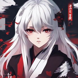 Anime-styled girl with white hair and bright red eyes, attired in traditional Japanese red and black clothes, set in a dark and tense atmosphere.