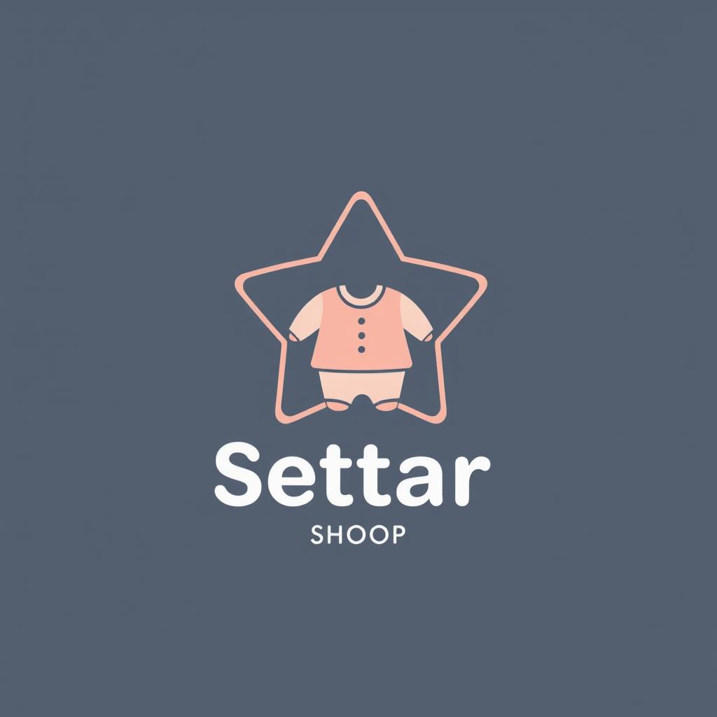 A minimal and cute logo for a children's clothing store named "Setar Shop", featuring an abstract star combined with a baby outfit