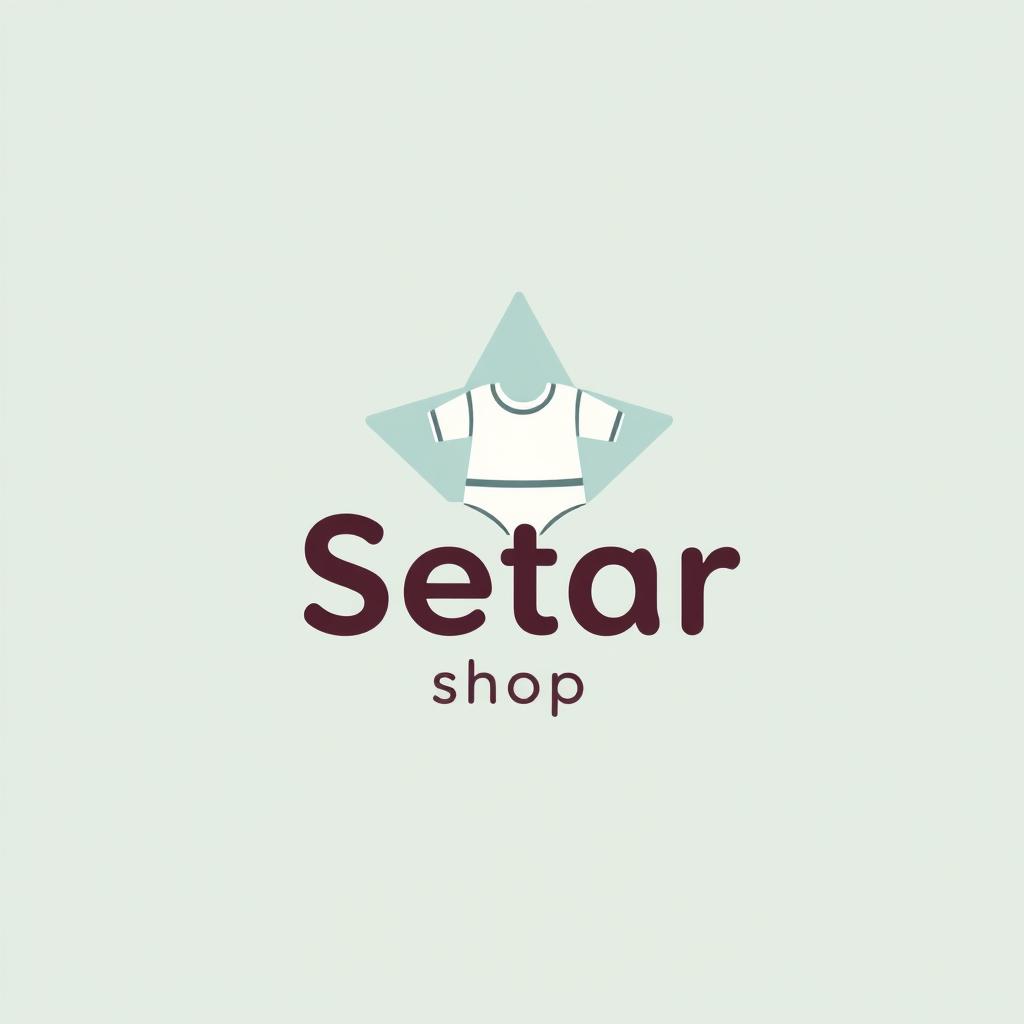 A minimal and cute logo for a children's clothing store named "Setar Shop", featuring an abstract star combined with a baby outfit
