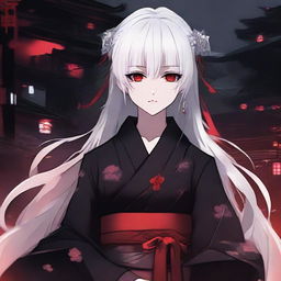 Anime-styled girl with white hair and bright red eyes, attired in traditional Japanese red and black clothes, set in a dark and tense atmosphere.