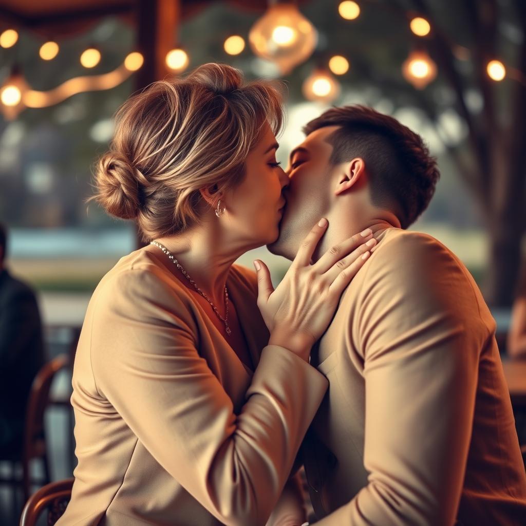 A romantic scene featuring a mature woman and a young man engaged in a passionate kiss, showcasing their chemistry and connection