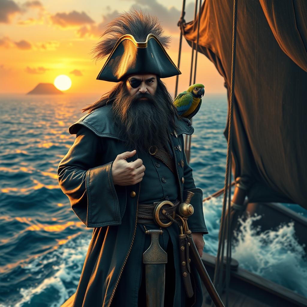 A fierce pirate captain standing proudly on the deck of a majestic black ship, with tattered sails billowing in the wind