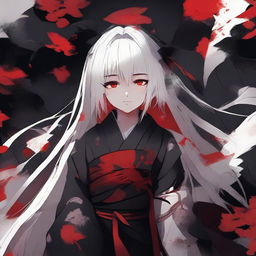 Anime-styled girl with white hair and bright red eyes, attired in traditional Japanese red and black clothes, set in a dark and tense atmosphere.