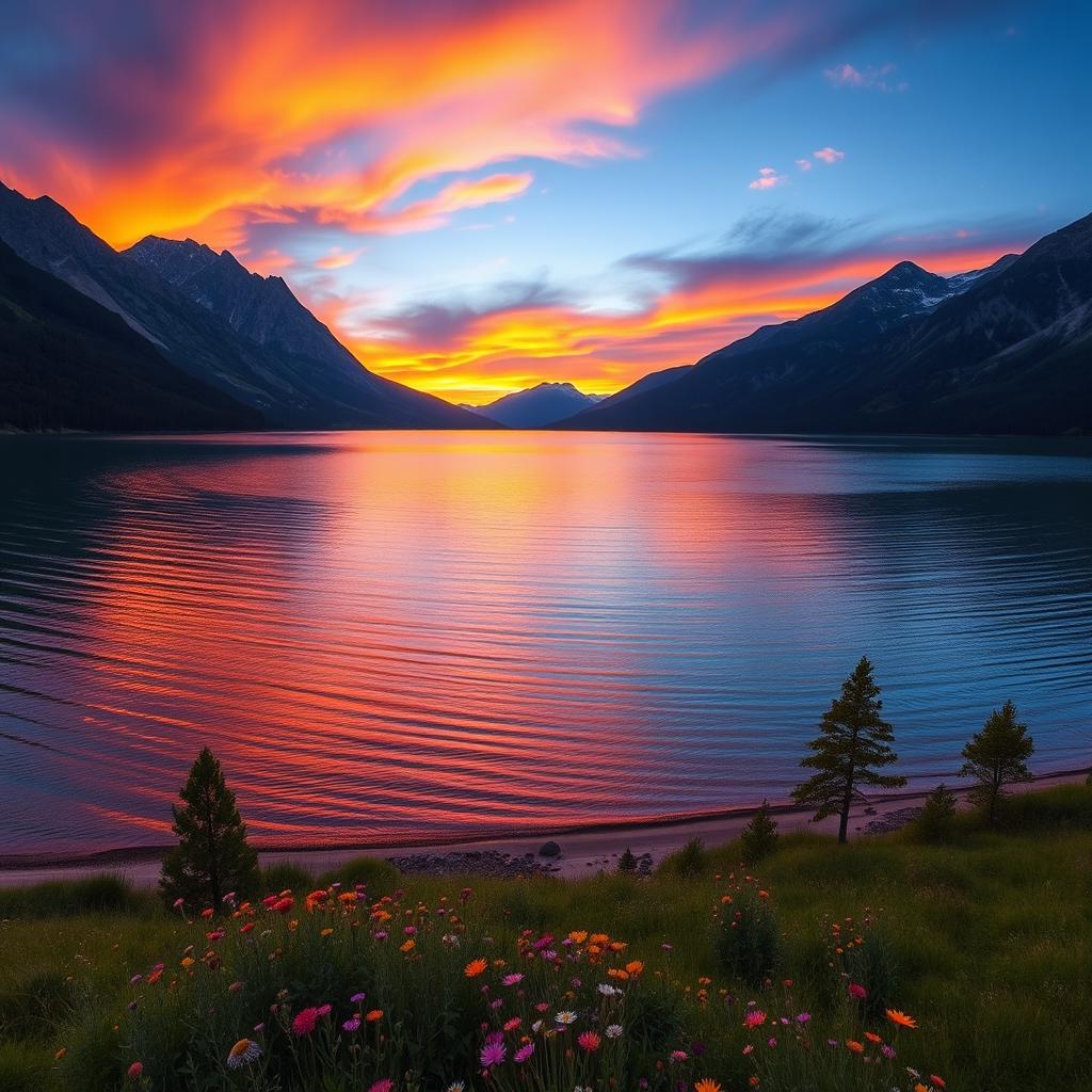 A breathtaking landscape photograph showcasing a serene lake surrounded by majestic mountains under a vibrant sunset sky