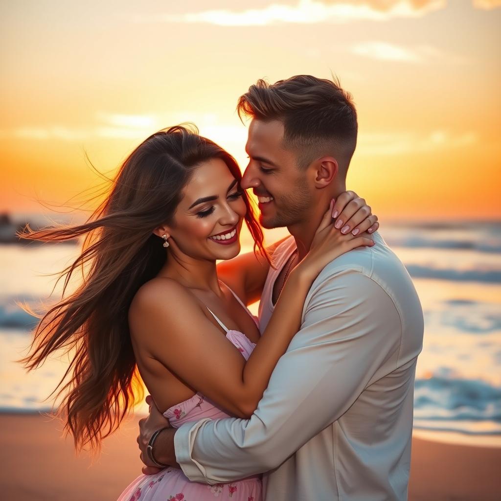 A vibrant, romantic scene depicting two people in a passionate embrace, surrounded by a beautiful sunset