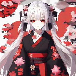 Anime-styled girl with white hair and bright red eyes, dressed in traditional Japanese red and black clothes.