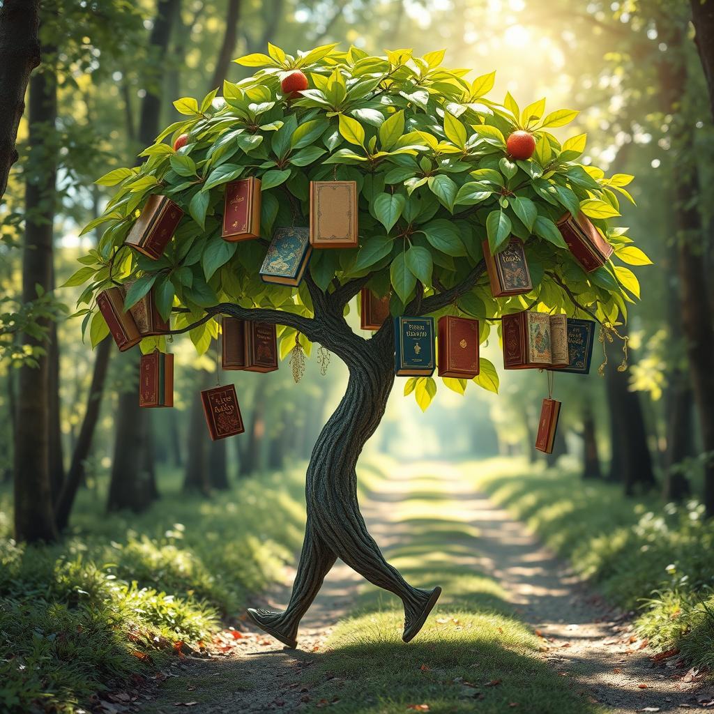 A whimsical scene of a walking tree with vibrant green leaves, its branches gently swaying as it strolls