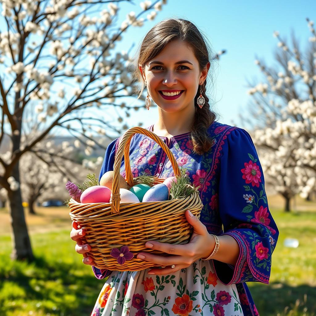 A Ukrainian woman celebrating Easter, holding a beautifully woven Easter basket filled with traditional foods like Paska bread, colored eggs, and herbs, dressed in a vibrant, traditional Ukrainian embroidered dress (vyshyvanka), with intricate floral patterns
