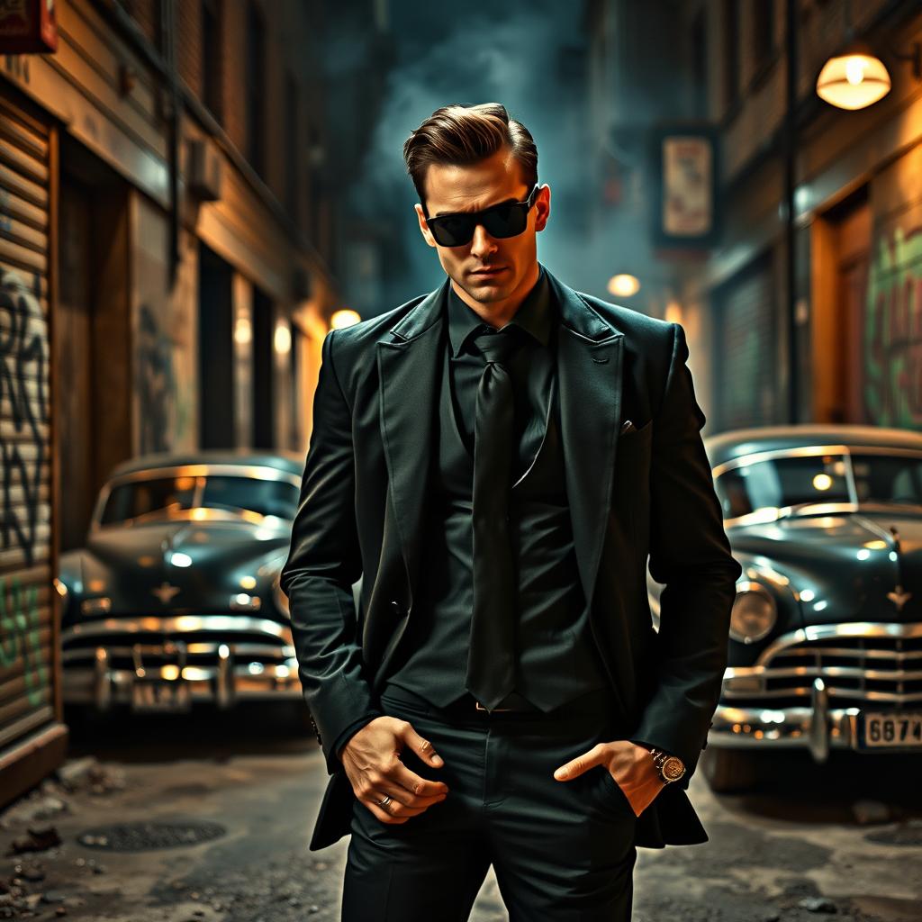 A cool, rebellious gangster in a sleek, dark suit with a sharp tie, exuding confidence and power