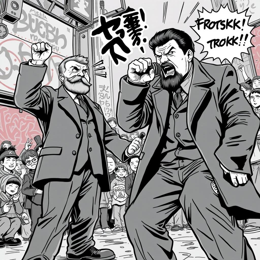 A dynamic manga-style illustration of a rap battle between Lenin and Trotsky