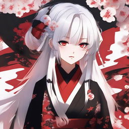 Anime-styled girl with white hair and bright red eyes, dressed in traditional Japanese red and black clothes.