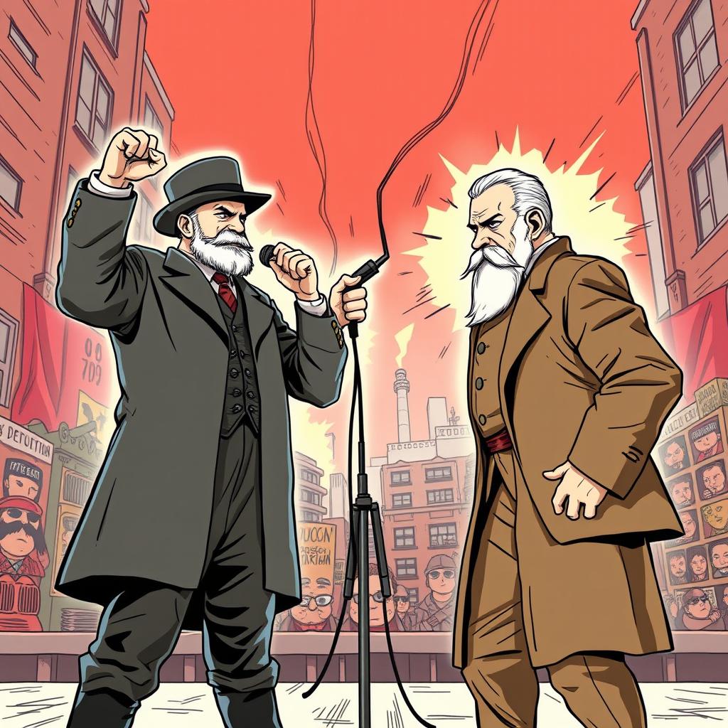 A dramatic scene of Lenin and Trotsky engaged in an epic rap battle
