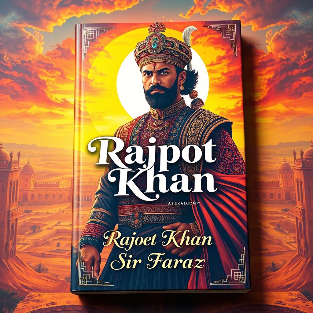 A captivating book cover design for the title "Rajpot Khan" by Sir Faraz