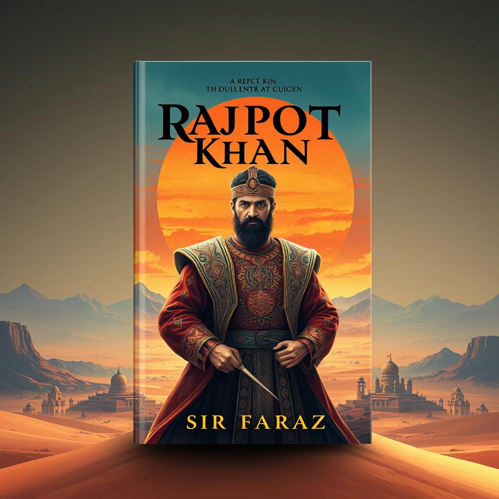 A stunning book cover design for the title "Rajpot Khan" by Sir Faraz