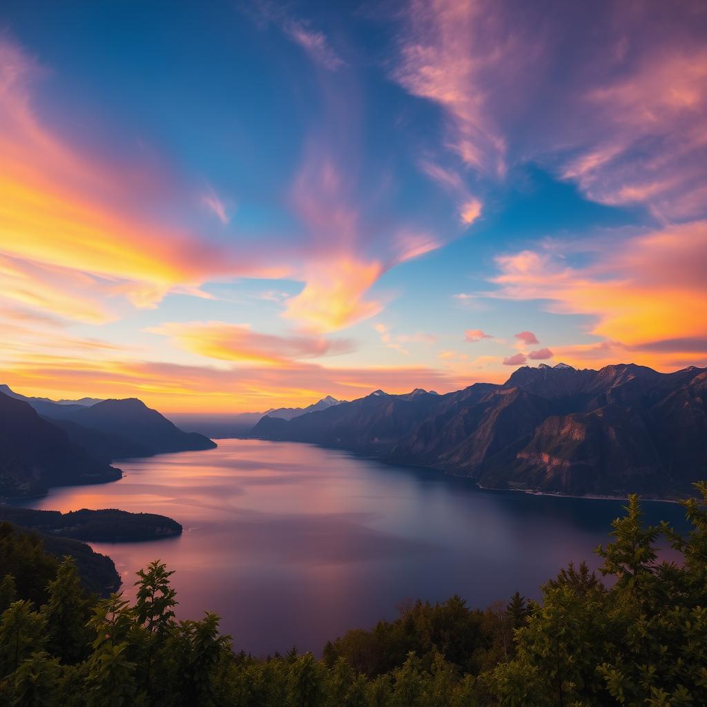 A breathtaking landscape featuring a vast, serene lake surrounded by majestic mountains under a vibrant sunset sky, with shades of orange, purple, and pink reflected on the water's surface