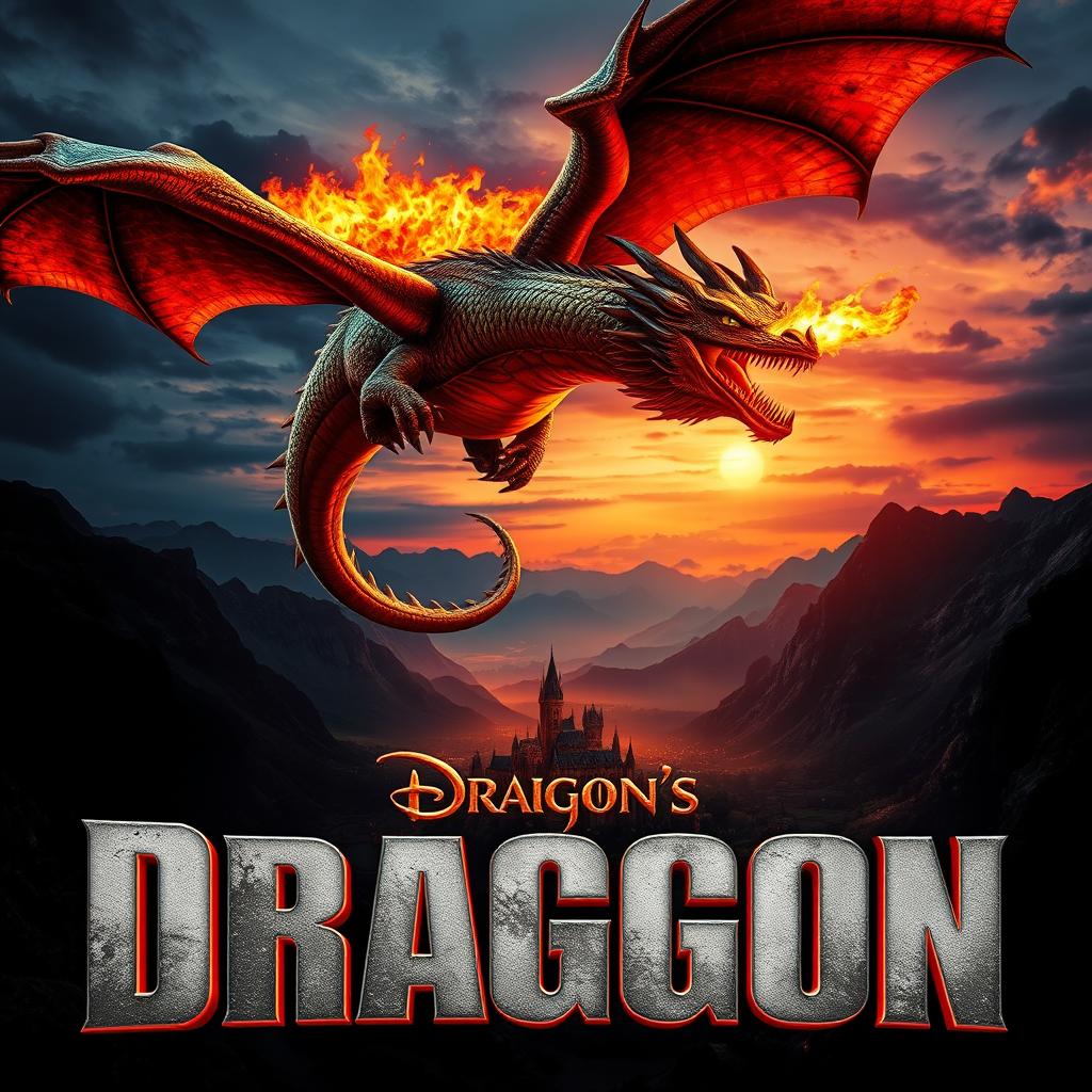 A dramatic movie poster featuring a majestic fire-breathing dragon soaring over a fantastical landscape