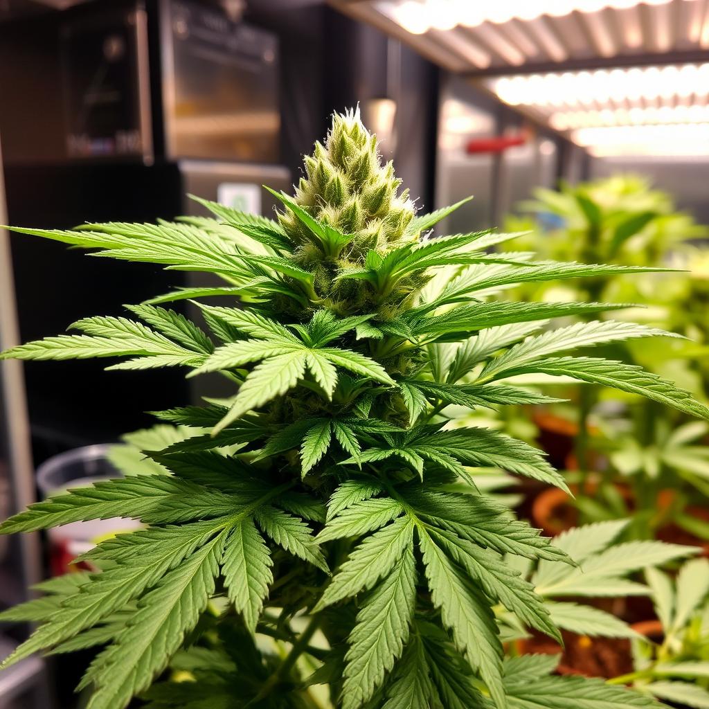 A lush and vibrant Auto Glue XXL cannabis plant before harvest, showcasing its dense green foliage and beautiful buds that are beginning to develop, with hints of frosty trichomes glistening under warm sunlight