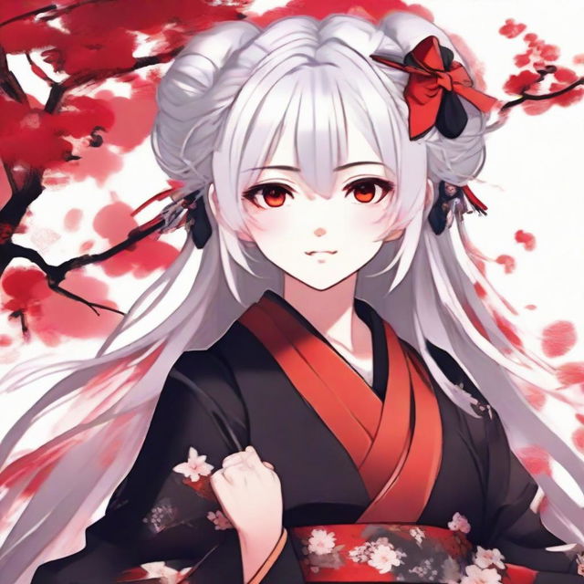 Anime-styled girl with white hair and bright red eyes, dressed in traditional Japanese red and black clothes.